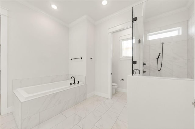 1701 Kerr Valley Ln, College Station, TX 77845 - bathroom with a bath, walk in shower, crown molding, marble look tiles, and recessed lighting