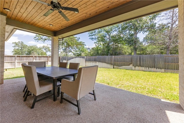 1701 Kerr Valley Ln, College Station, TX 77845 - fenced backyard with ceiling fan, a patio area, and outdoor dining space