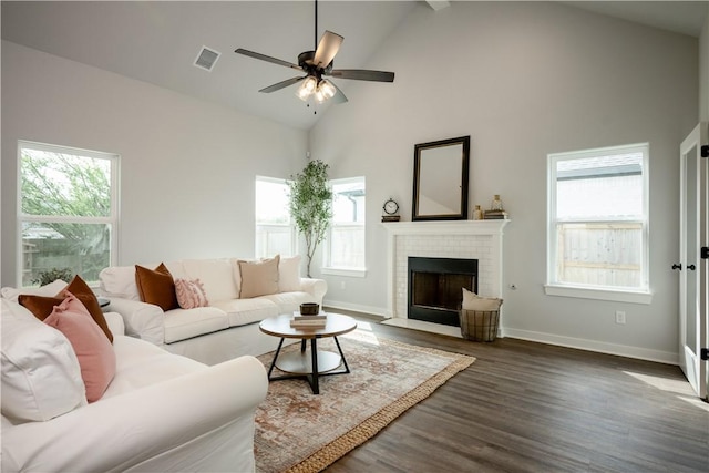 living area with visible vents, high vaulted ceiling, ceiling fan, and a healthy amount of sunlight