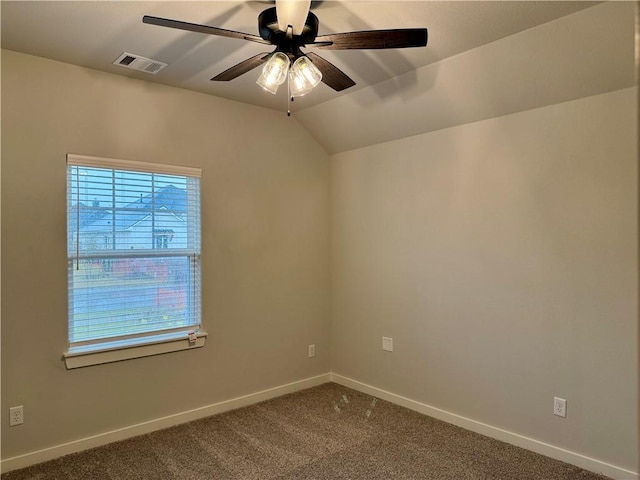 unfurnished room with carpet flooring, ceiling fan, and lofted ceiling