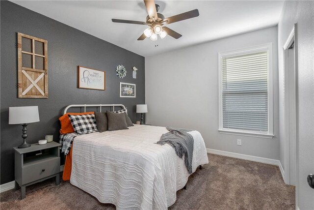 bedroom featuring carpet flooring and ceiling fan