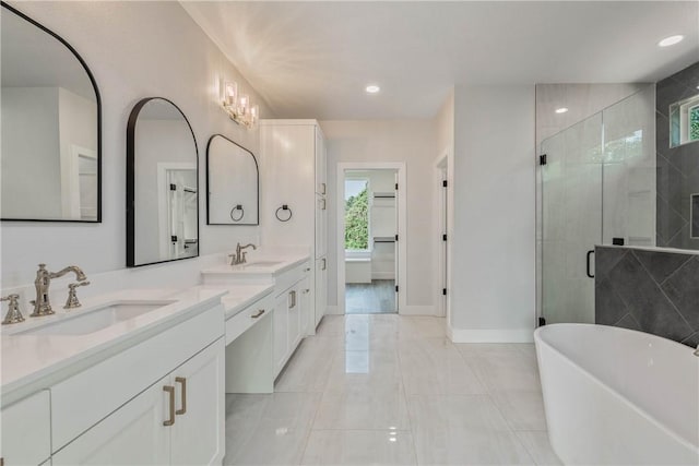 bathroom with vanity, tile patterned floors, and plus walk in shower