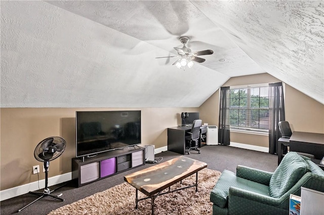 living area featuring a textured ceiling, vaulted ceiling, baseboards, and carpet floors