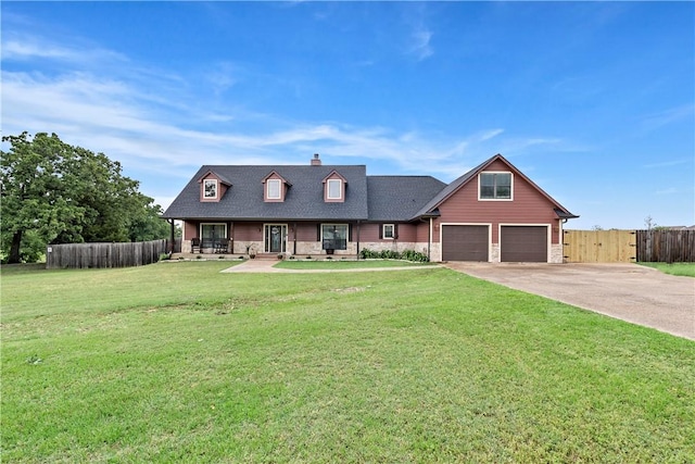 cape cod house with a porch, fence, concrete driveway, a front lawn, and a chimney