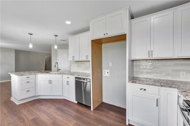 kitchen with pendant lighting, dishwasher, dark wood-type flooring, and white cabinets