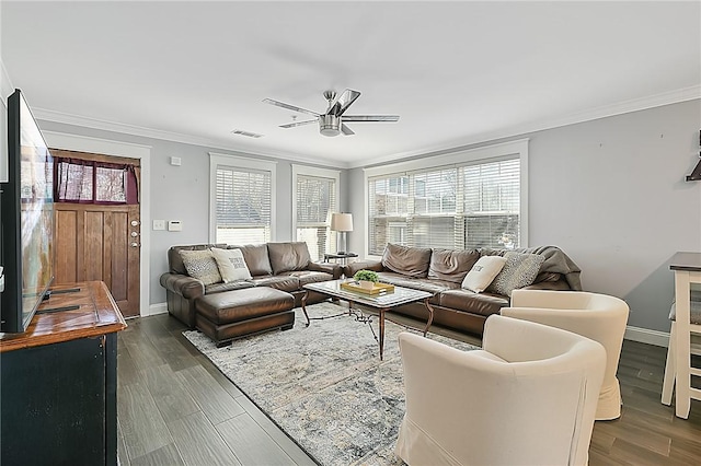 living room with visible vents, ornamental molding, ceiling fan, and dark wood-type flooring