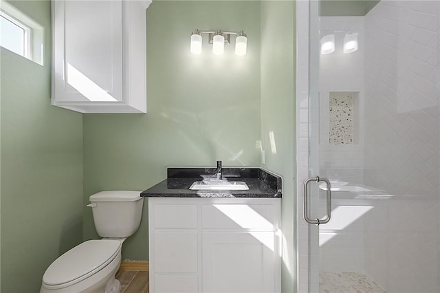 bathroom with vanity, toilet, a shower with shower door, and wood-type flooring