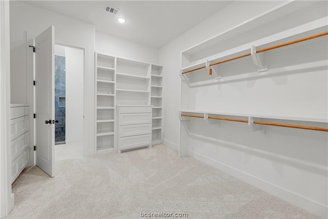 walk in closet featuring light carpet