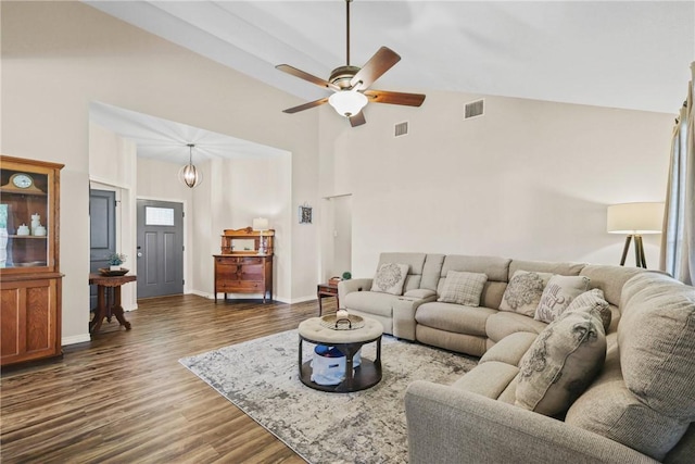 6866 Wooded Dr, College Station, TX 77845 - living room featuring high vaulted ceiling, dark wood-style floors, and ceiling fan