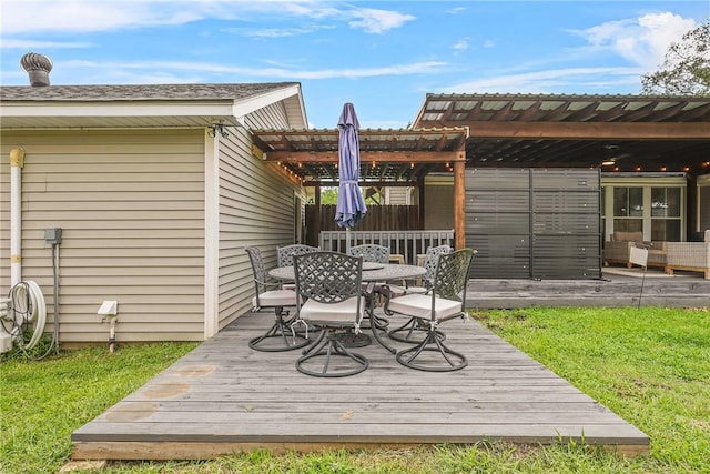 6866 Wooded Dr, College Station, TX 77845 - wooden terrace with outdoor dining area and a pergola