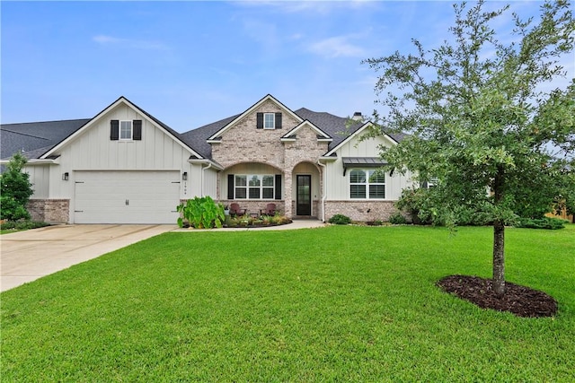 1909 Bareboot Trl, College Station, TX 77845 - craftsman house featuring board and batten siding, a front lawn, concrete driveway, and brick siding
