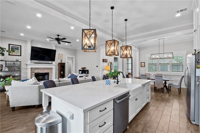 1909 Bareboot Trl, College Station, TX 77845 - kitchen featuring stainless steel appliances, recessed lighting, ceiling fan, a fireplace, and crown molding