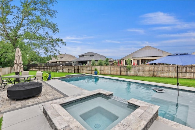 1909 Bareboot Trl, College Station, TX 77845 - view of swimming pool with a patio, a fenced backyard, and a pool with connected hot tub