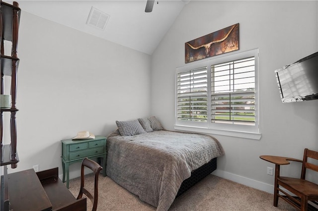 1909 Bareboot Trl, College Station, TX 77845 - bedroom featuring vaulted ceiling, light carpet, and a ceiling fan