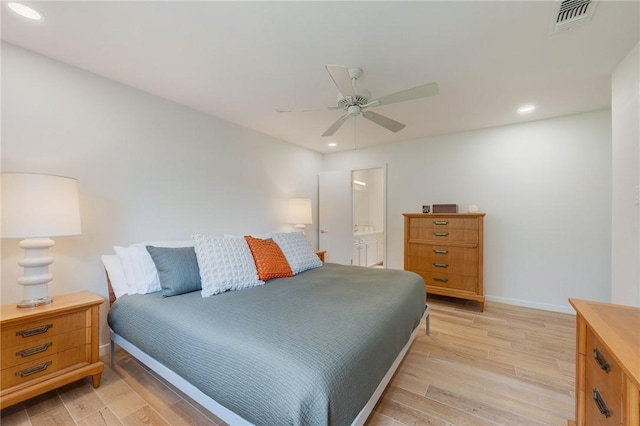 1003 Guadalupe Dr, College Station, TX 77840 - bedroom with light wood-type flooring, recessed lighting, ceiling fan, and ensuite bath