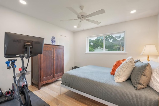 1003 Guadalupe Dr, College Station, TX 77840 - bedroom with light wood-type flooring, recessed lighting, and a ceiling fan