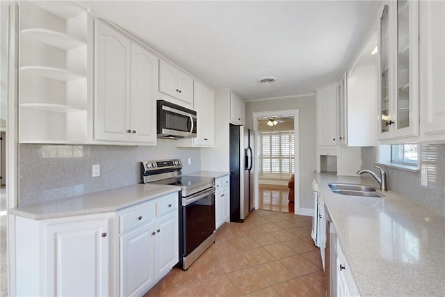 kitchen featuring a sink, visible vents, white cabinets, appliances with stainless steel finishes, and open shelves