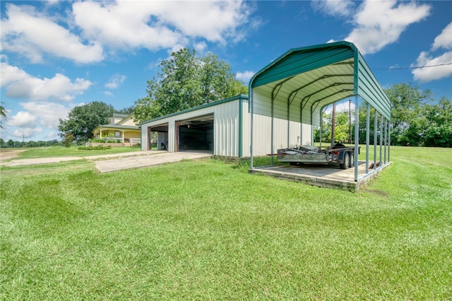 view of outdoor structure featuring a yard and a carport