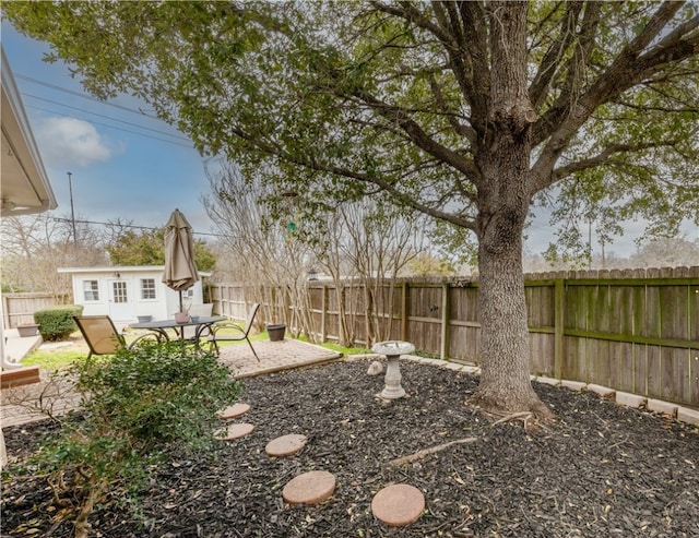 view of yard with a patio, an outbuilding, and a fenced backyard