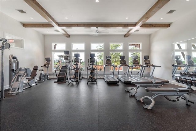 4209 Harding Ct, Bryan, TX 77802 - gym featuring ceiling fan, beam ceiling, coffered ceiling, baseboards, and recessed lighting