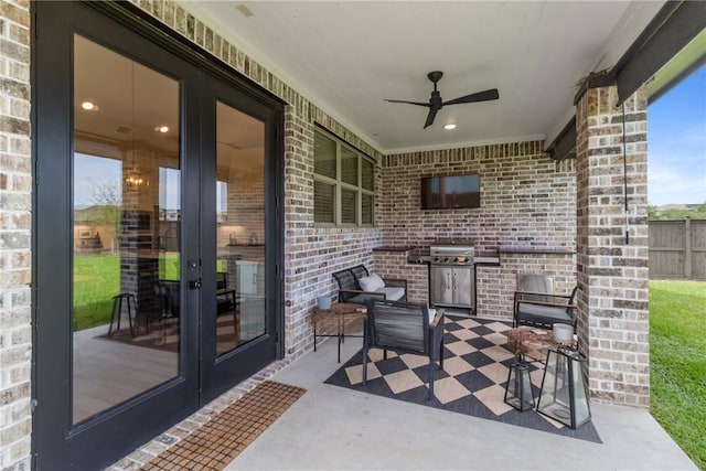 4209 Harding Ct, Bryan, TX 77802 - view of patio with french doors, a ceiling fan, and fence