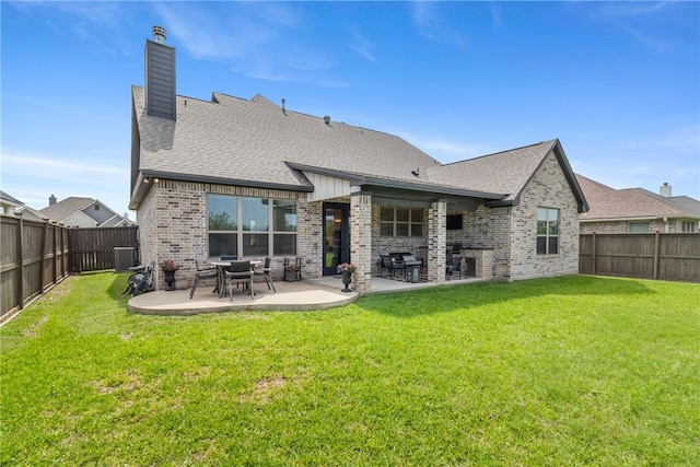 4209 Harding Ct, Bryan, TX 77802 - back of property with brick siding, a chimney, a patio, a shingled roof, and central AC