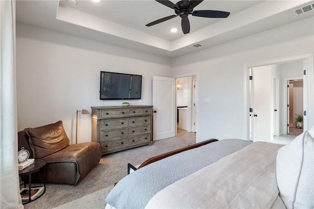 4209 Harding Ct, Bryan, TX 77802 - bedroom featuring carpet floors, a tray ceiling, recessed lighting, baseboards, and a ceiling fan