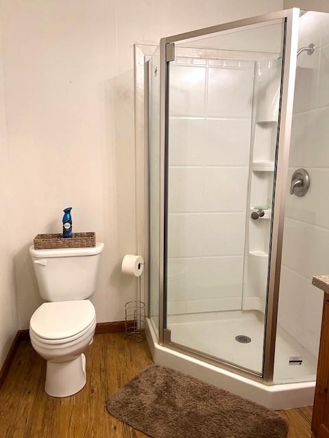 bathroom featuring toilet, baseboards, a shower stall, and wood finished floors