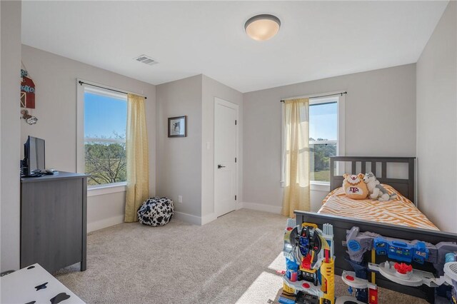 bedroom featuring light carpet and multiple windows