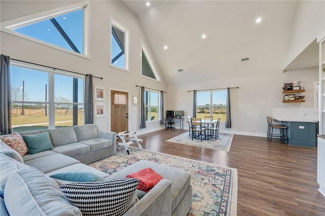 living room featuring dark wood-type flooring and high vaulted ceiling