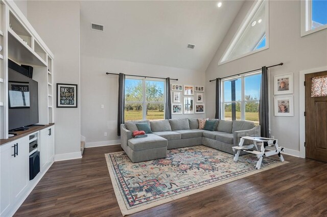 living room featuring high vaulted ceiling, dark hardwood / wood-style flooring, and a wealth of natural light