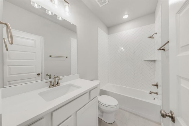 full bath featuring visible vents, toilet, vanity, and bathtub / shower combination