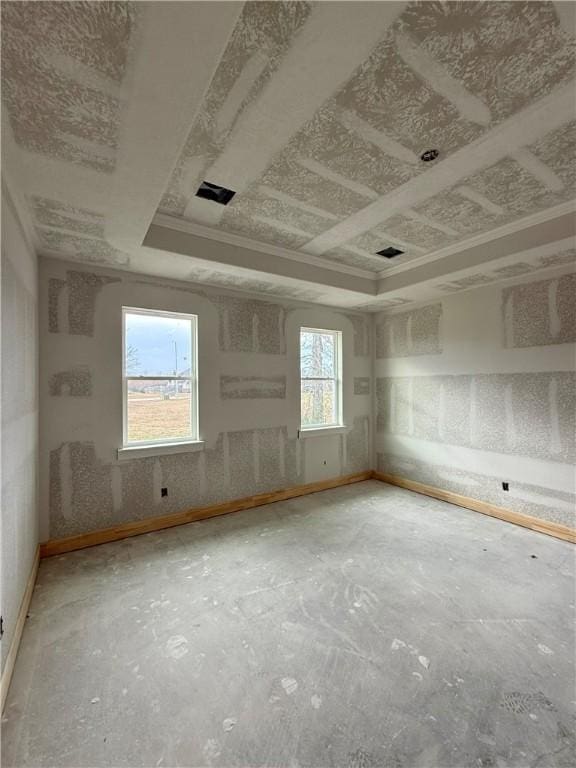 empty room with ornamental molding and a raised ceiling