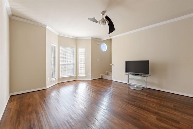 unfurnished living room with ceiling fan, crown molding, and dark hardwood / wood-style flooring