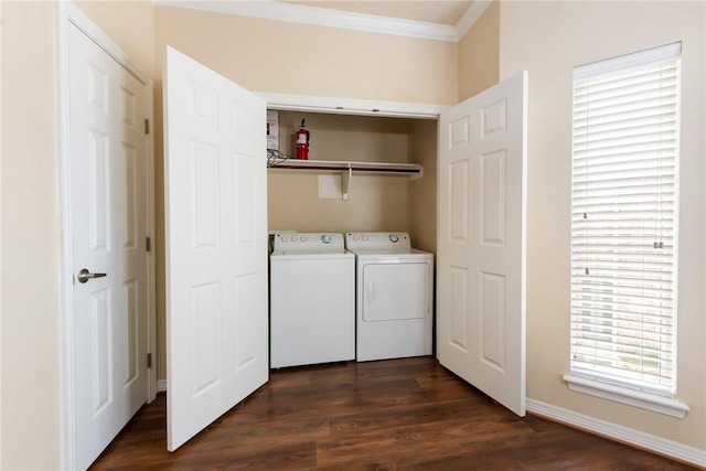 laundry room with crown molding, dark wood-type flooring, and washer and dryer