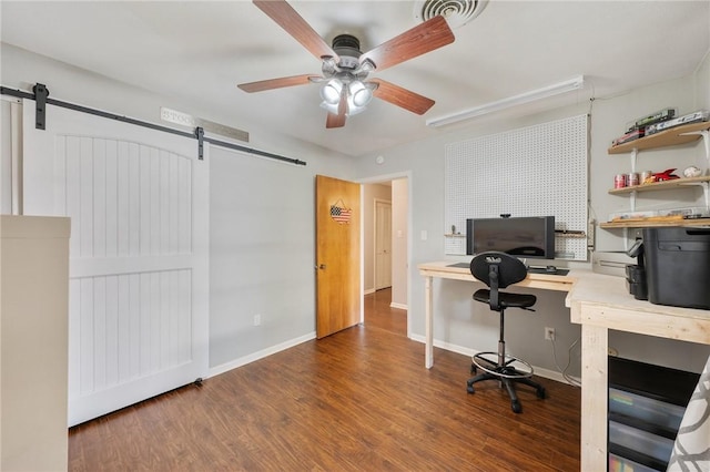 office with ceiling fan, a barn door, and dark hardwood / wood-style floors