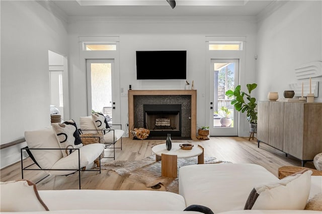 living room with crown molding and light wood-type flooring