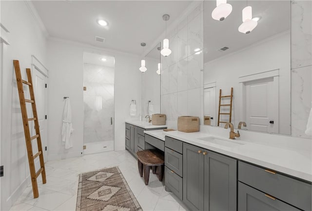 bathroom featuring walk in shower, ornamental molding, and vanity