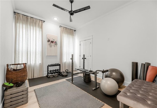 workout room with ornamental molding, light wood-type flooring, and ceiling fan