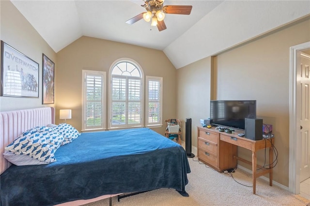 4719 Hunington Dr, Bryan, TX 77802 - bedroom featuring light carpet, lofted ceiling, and ceiling fan