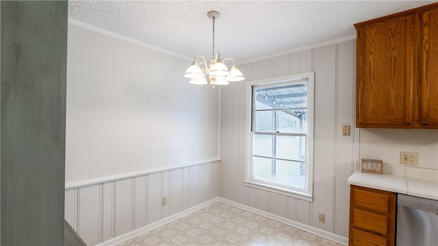 1002 Edgewood Dr, Bryan, TX 77802 - unfurnished dining area with crown molding, a chandelier, light floors, baseboards, and a textured ceiling