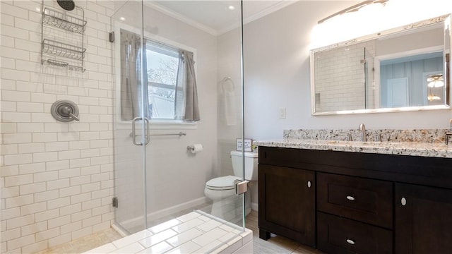 1002 Edgewood Dr, Bryan, TX 77802 - bathroom with a stall shower, vanity, toilet, and crown molding