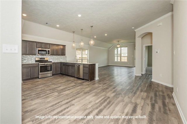 kitchen with kitchen peninsula, decorative light fixtures, decorative backsplash, appliances with stainless steel finishes, and hardwood / wood-style flooring