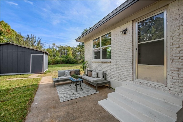 view of patio / terrace with a shed and an outdoor hangout area