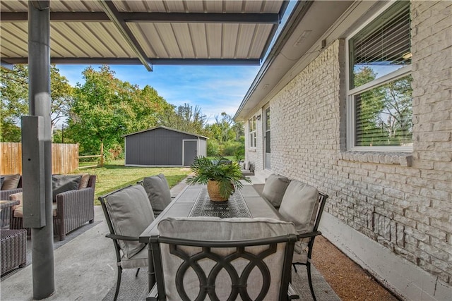 view of patio / terrace featuring a storage shed