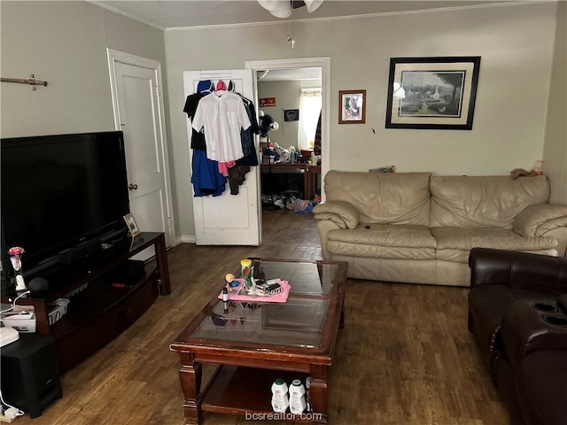 living room with ornamental molding and dark wood-type flooring