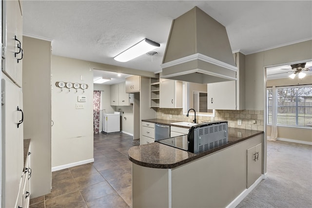 kitchen with open shelves, a sink, white cabinets, and stainless steel dishwasher