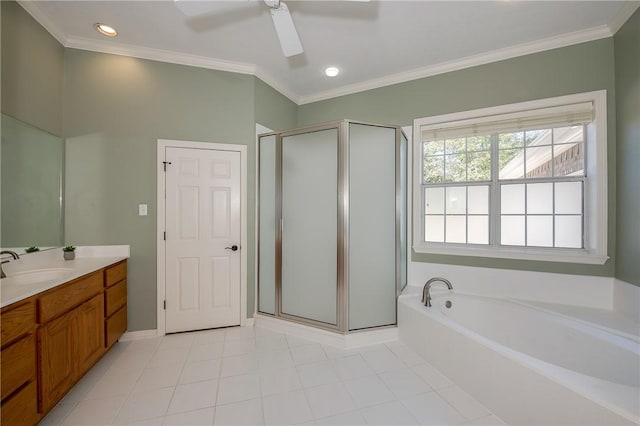 bathroom featuring ceiling fan, vanity, ornamental molding, and shower with separate bathtub