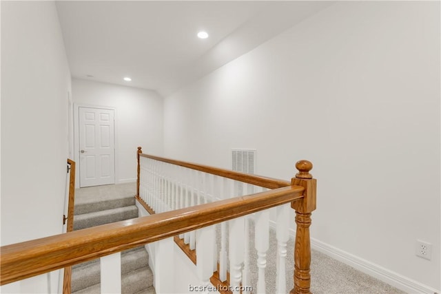 staircase featuring carpet flooring