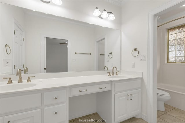 bathroom with ceiling fan, tile patterned flooring, vanity, and toilet